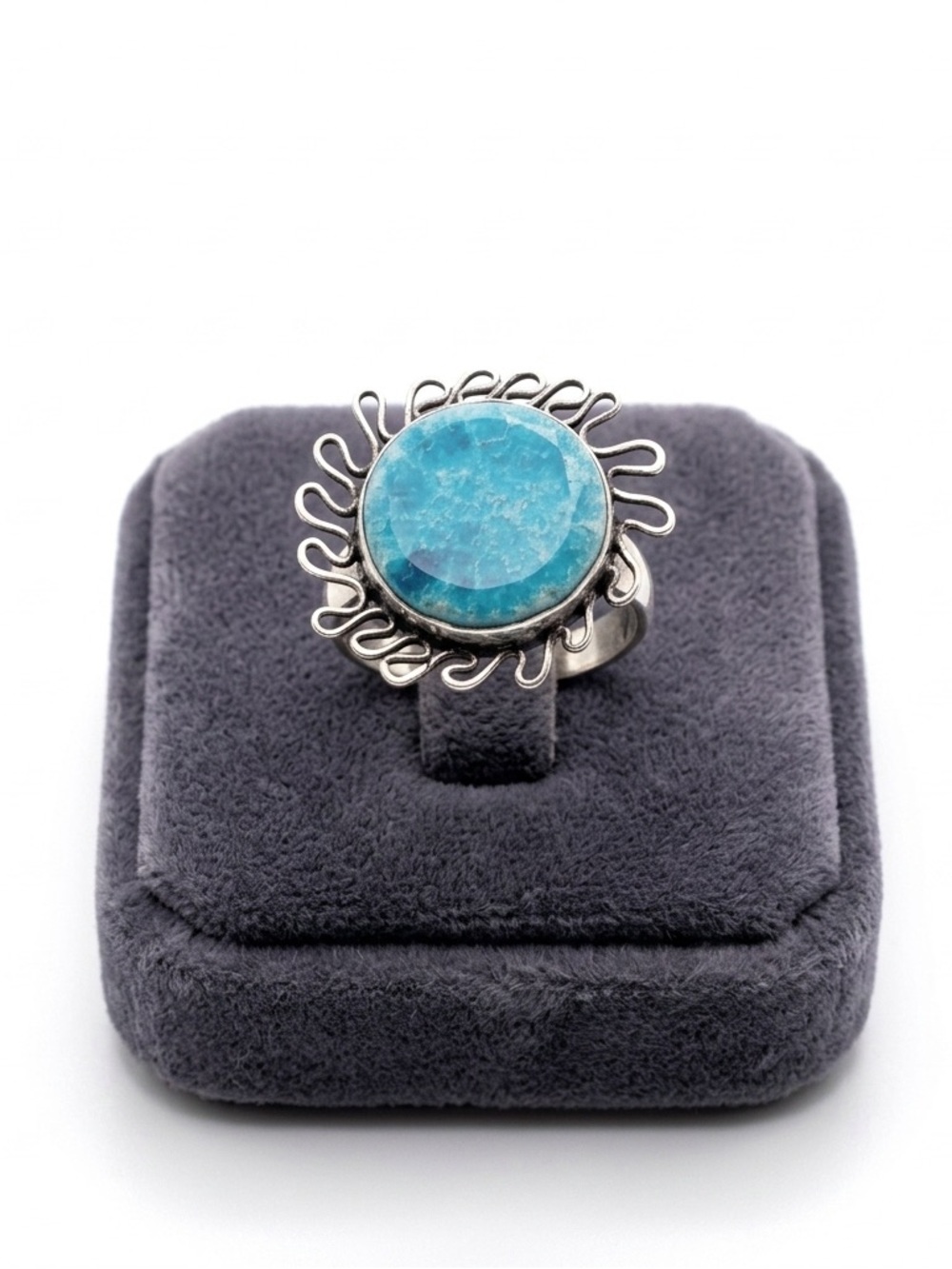 New Artisan Natural Deep Blue Calcite Handmade 925 Sterling Silver Sun Ring